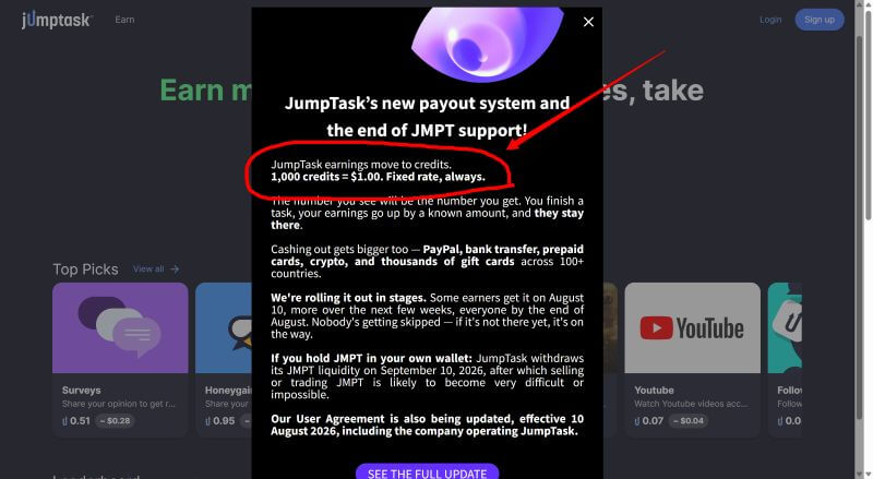 JumpTask's new payout announcement showing video earnings convert to credits at a fixed 1,000-to-$1 rate.