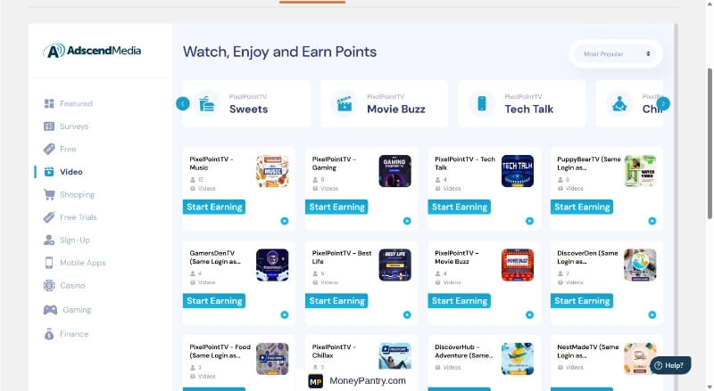 PrizeRebel's Adscend video wall listing PixelPointTV channels like Movie Buzz, Tech Talk, and Sweets to watch for points.