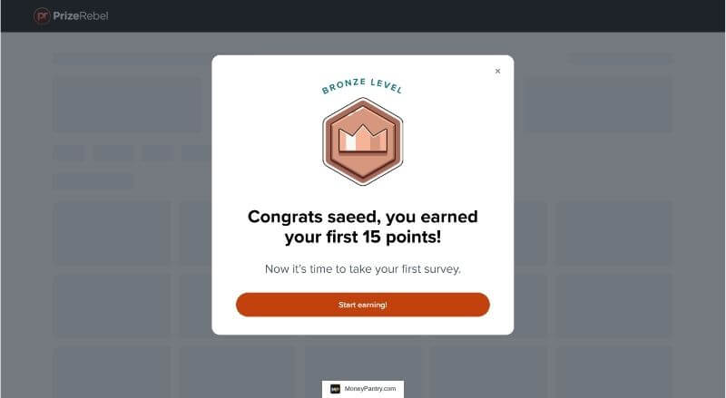 PrizeRebel's pop up showing I earned 15 points as a sign up bonus, starting me at Bronze level.
