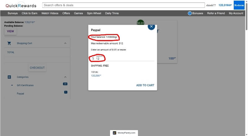 QuickRewards account dashboard showing a 120,000 QuickPoint balance redeemed for a $12.00 PayPal payment.
