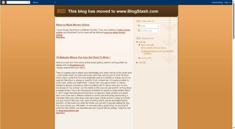 Screenshot of Saeed's first Blogger blog homepage showing the message that the site moved to BlogStash.com
