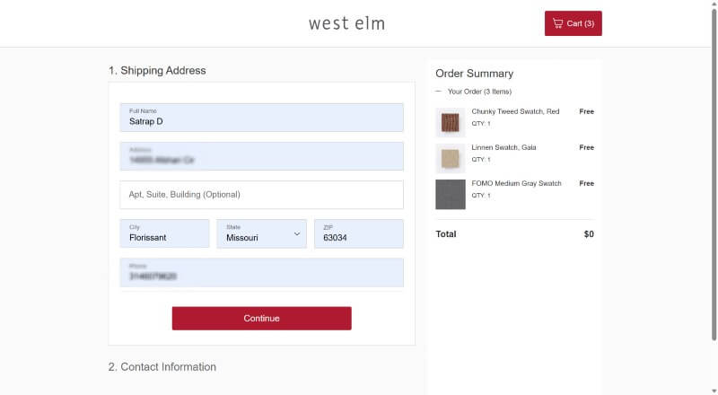 West Elm online checkout cart showing a $0.00 total for free fabric swatches and free shipping.