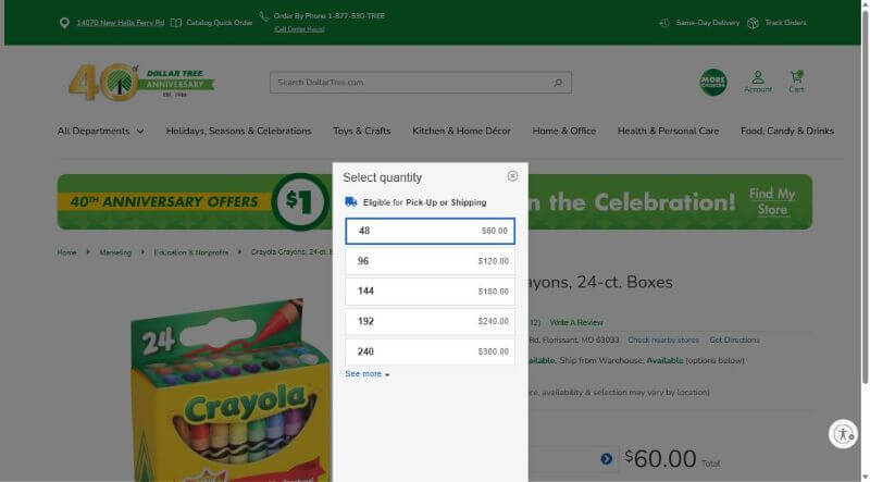 Dollar Tree quantity box for 24-count Crayola crayons that only offers cases of 48, 96, 144, 192 or 240 boxes, starting at $60.