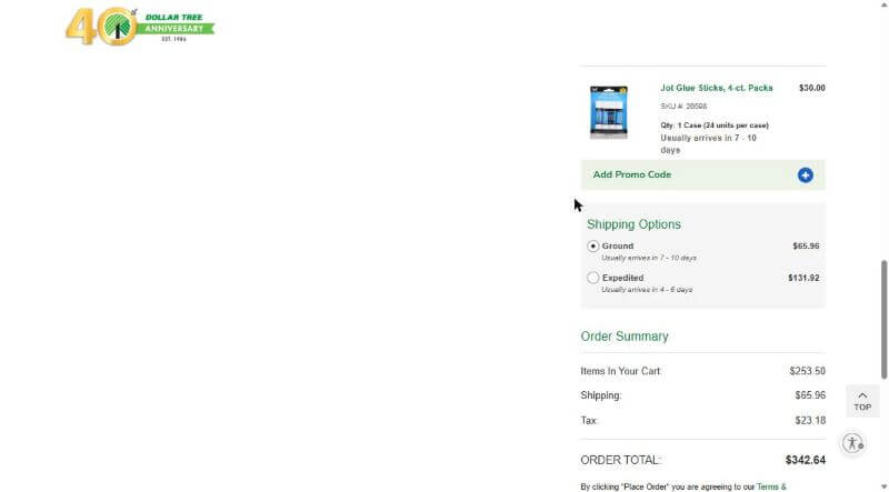 DollarTree.com order summary with $253.50 in school supplies, $65.96 ground shipping, $23.18 tax and a $342.64 order total.