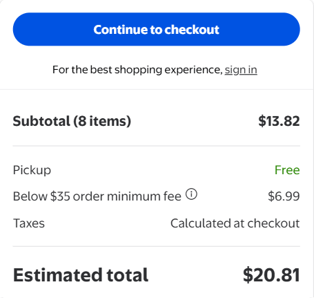 Walmart.com cart for eight school supplies with a $13.82 subtotal, free pickup, a $6.99 below-$35 fee and a $20.81 estimated total.