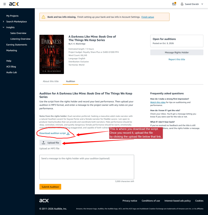 ACX Narration Job and Audition Script - MoneyPantry.com An open ACX book project showing the author’s per-finished-hour budget, book length and audition script for narrators.