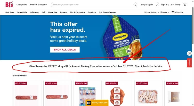 BJ's Wholesale Club promotion page saying its annual turkey deal returns October 31, 2026.