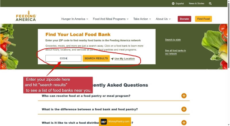 Feeding America search box where you enter a ZIP code to find your local food bank.